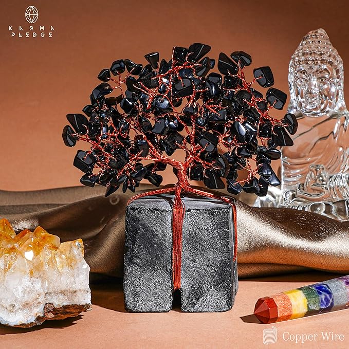 Crystal Tree of Life Feng Shui Decor for Home and Office, Blask Obsidian Chakra Healing Crystal Handmade Tree for Positive Energy, Money, Good Luck, Christmas Decor, Birthday Gifts for Women