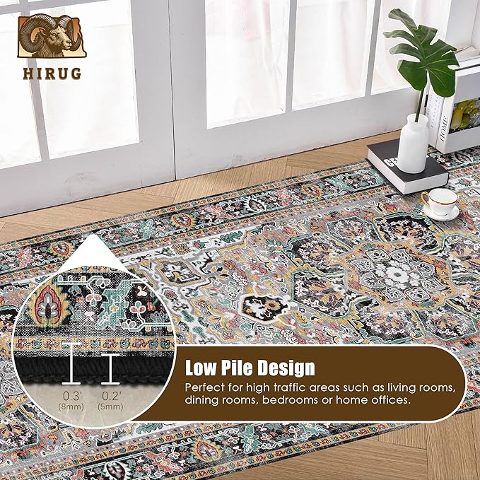 Washable Area Rug 2'6'' x 8' Vintage Traditional Persian Mat - Foldable Distressed Non-Slip Machine Washable Carpet for Living Room Bedroom Kitchen Home Decor - Slate and Multicolor
