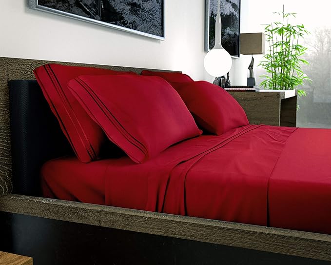 DREAMCARE Queen Sheet Set – 6 pcs Cooling Bed Sheets – up to 21” Deep Pocket Queen Sheets Set – 2500 Supreme Collection – Extra Soft 100% Brushed Microfiber Hotel Luxury with Side Pocket – Burgundy