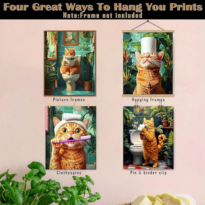 FITIE Funny Orange Cat Bathroom Wall Art Prints Set of 4, Tropical Botanical Funny Orange Cat on Toilet Wall Art Posters for Bathroom Washroom Restroom Decor, 8x10 Unframed