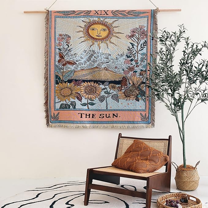 Boho Throw Blanket Reversible Cotton Bohemian Tapestry Hippie Room Decor Double Sided (Boho The Sun 50"x60")
