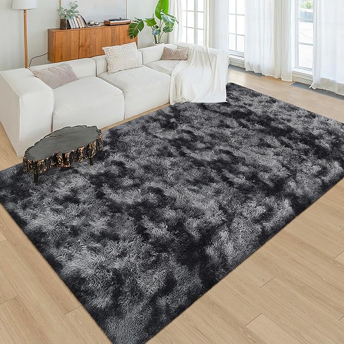 Black Grey Tie-Dyed Rug for Living Room 5x8 Fluffy Area Rug Mat Bedside Throw Rug for Bedroom Kids Room Boys Teens Nursery Baby Dorm Office Home Decor Aesthetic Carpets