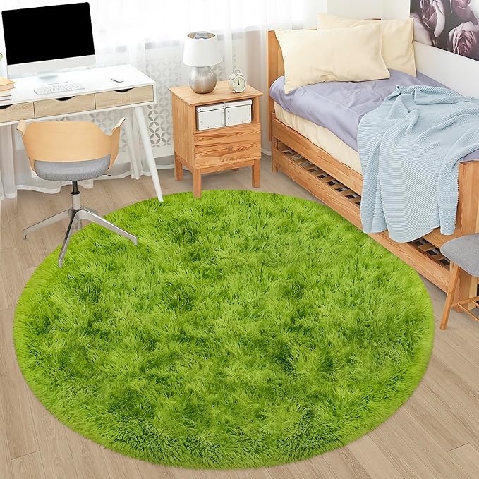 5x5 ft Tie Dye Green Round Rug for Bedroom Room Fluffy Circle Rug Furry Carpet Shaggy Circular Fuzzy Washable Non-Slip Large Area Rug Soft Indoor for Living Room Cute Aesthetic Home Decor