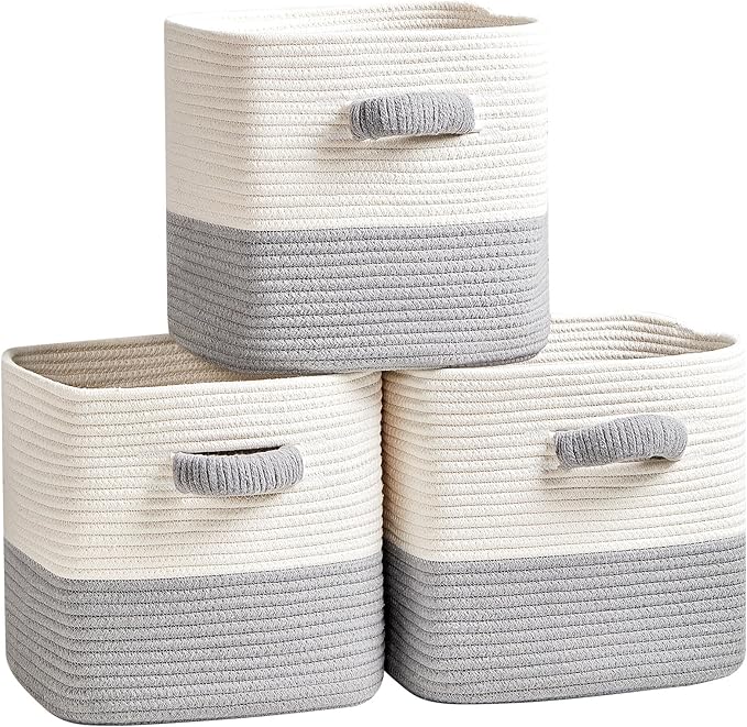 Storage Cube Baskets for Organizing- 3 Pack- 11 inch Square Baskets for Cube Storage, Closet Storage Bins- Woven Cube Storage Bins for Shelves- Ideal for Toy Storage |White & Grey