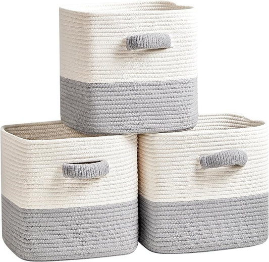 Storage Cube Baskets for Organizing- 3 Pack- 11 inch Square Baskets for Cube Storage, Closet Storage Bins- Woven Cube Storage Bins for Shelves- Ideal for Toy Storage |White & Grey