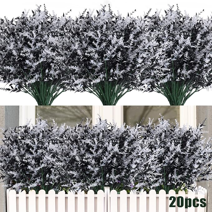 RECUTMS Black Flower,Black Fake Plants Decor,20 Bundles Artificial Flowers Fake Outdoor Plants Faux UV Resistant Lavender Flower Plastic Shrubs Indoor Outside Hanging Decorations (Black+White)