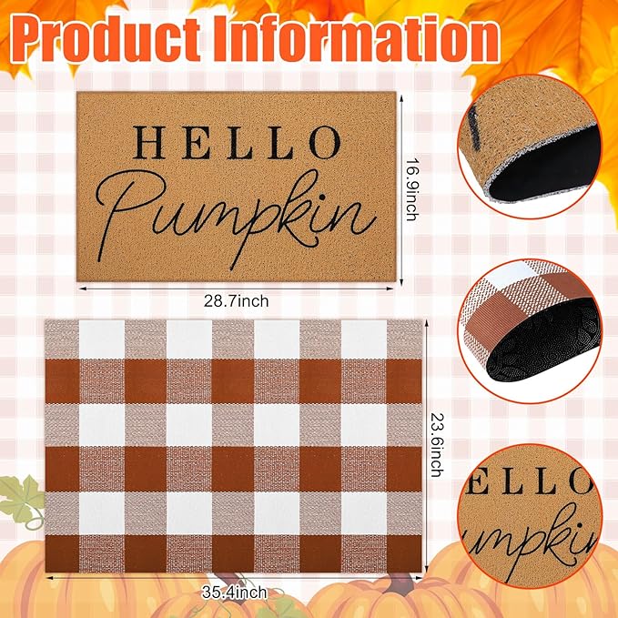 2 Pcs Fall Door Mat Hello Pumpkin Welcome Non Slip Coir Mats Thanksgiving Black White Plaid Harvest Floor Layering Doormats Seasonal for Front Porch Entryway Decor(Brown White Plaid)