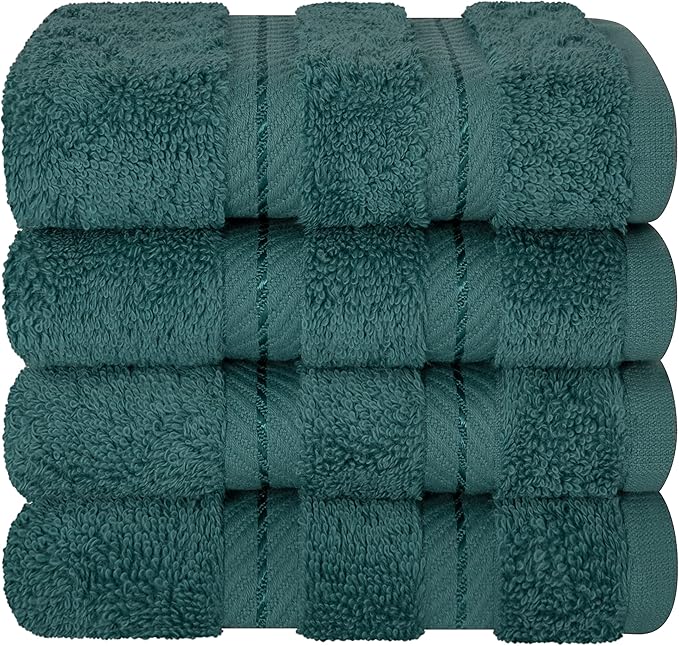 American Soft Linen Luxury Washcloths for Bathroom, 600 GSM 100% Cotton 4 Piece Turkish Wash Cloth Set, 13x13 in Soft Rags for Body and Face, Teal Washcloths