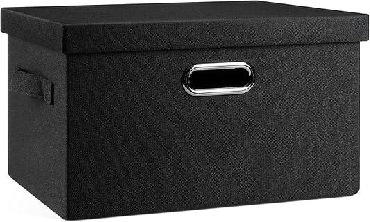 Medium 15" 21 Quart Collapsible Stackable Storage Bins with Lids, 1 Pack Black Foldable Fabric Closet Storage Boxes with Lids, 4 Handles Heavy-duty Linen Cube Baskets for Bedroom