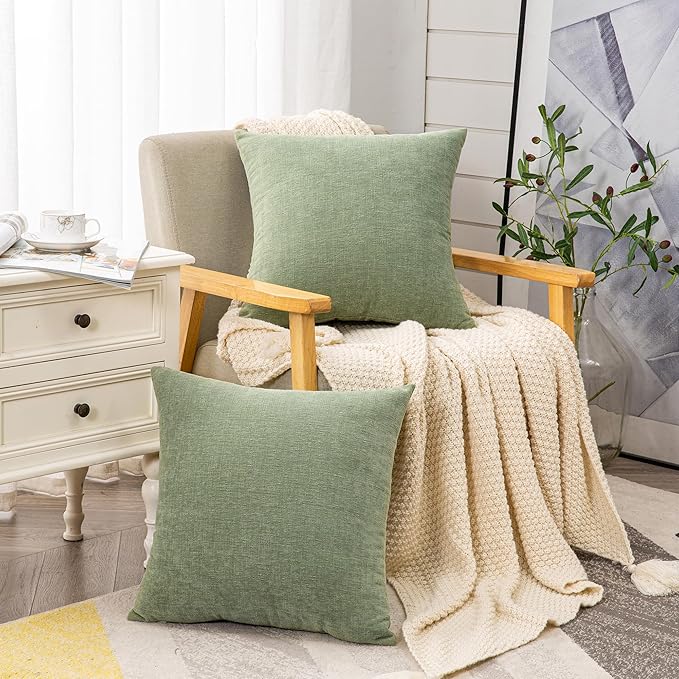 GAWAMAY Decorative Chenille Throw Pillow Covers 26x26 Inch Pack of 2, Soft Square Couch Pillow Cover for Sofa Cushion Living Room Bedroom Oversized Pillowcases Sage Green 66x66cm (ONLY Covers)