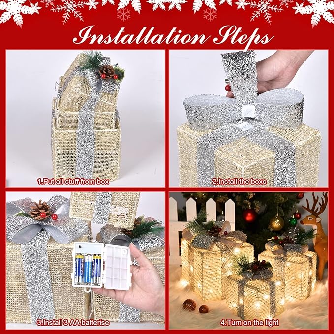 Christmas Lighted Gift Boxes, Pre-lit Lights Gold Linen Cloth Gift Boxes, Light up Present Boxes Set Battery Operated with Different Sizes for Holiday Indoor Outdoor Decorations (Gold Liene)