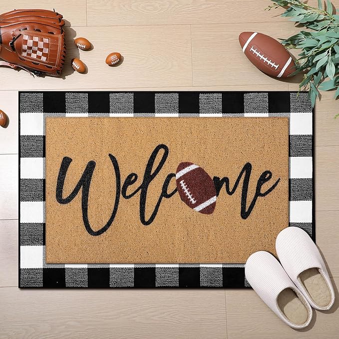 2 Pcs Football Door Mat Welcome Non Slip Coir Mats Funny Black White Buffalo Plaid Floor Layering Doormats Seasonal for Front Porch Entryway Decor(Football)