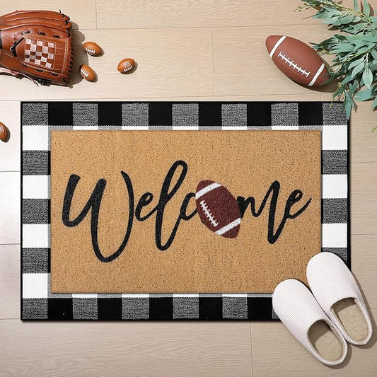 2 Pcs Football Door Mat Welcome Non Slip Coir Mats Funny Black White Buffalo Plaid Floor Layering Doormats Seasonal for Front Porch Entryway Decor(Football)