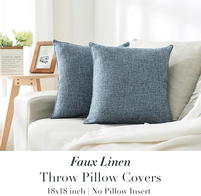 HPUK Linen Throw Pillow Covers Pack of 2, 18x18 Inch Accent Cushion Covers for Living Room, Bedroom, Decorative Solid Color Pillow Covers for Couch, Sofa, Chair, Blue