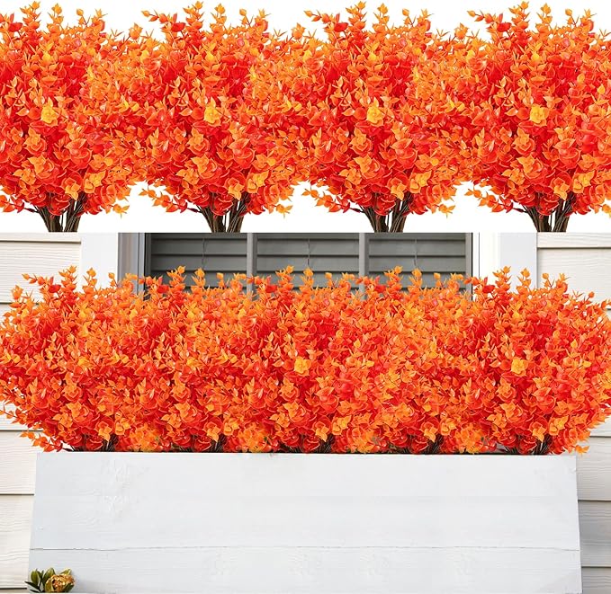 AmyHomie 20 Bundles Orange Fall Decor Artificial Flowers for Outdoor UV Resistant Faux Eucalyptus No Fade Fake Mums Plastic Plants Garden Porch Window Box Decorating