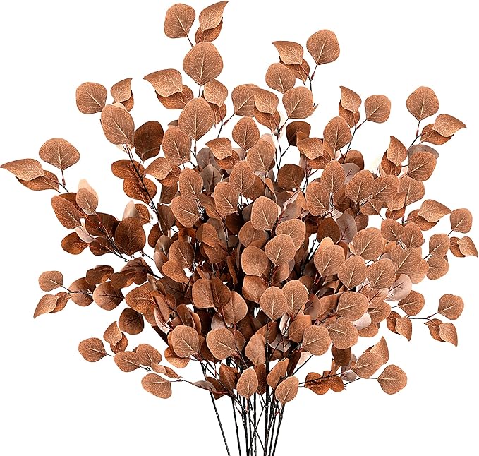 Sggvecsy 6 Pcs Fall Artificial Eucalyptus Stems Long Silver Dollar Leaves Fake Silk Eucalyptus Leaf Branches for Indoor Home Autumn Festival Thanksgiving Decor(Dark Brown)