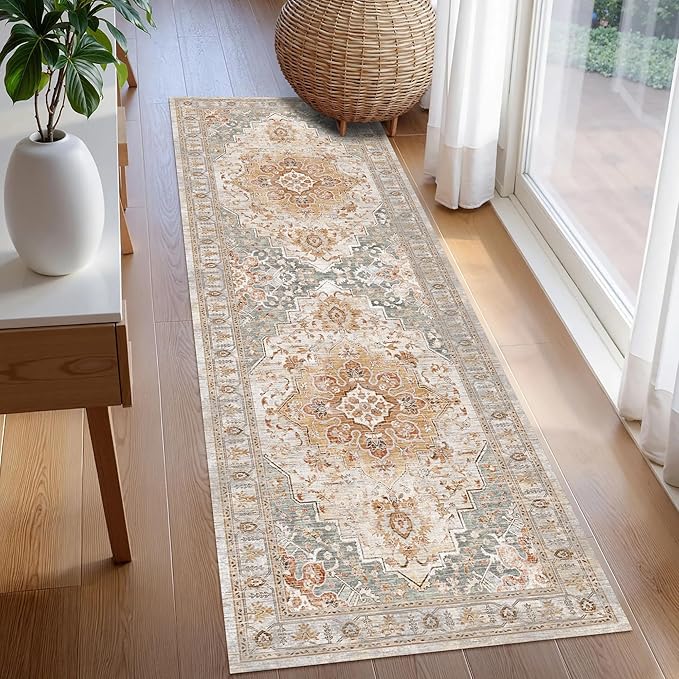 Washable Area Rug 2'6'' x 8' Vintage Traditional Persian Mat - Foldable Distressed Non-Slip Machine Washable Carpet for Living Room Bedroom Kitchen Home Decor - Dove Gray and Coral