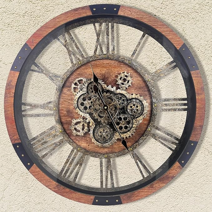 DORBOKER 40'' Large Wall Clock Real Moving Gears Oversized Industrial Solid Wood Rusic Farmhouse Clocks for Living Room Wall Decor Home Office, 40 inch 101cm, Brown and Vintage