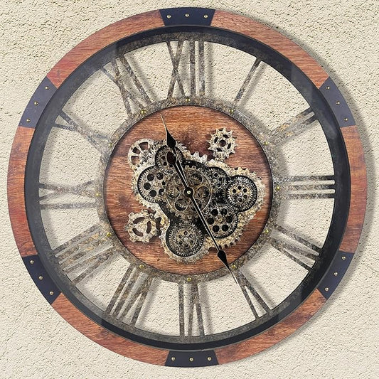 DORBOKER 40'' Large Wall Clock Real Moving Gears Oversized Industrial Solid Wood Rusic Farmhouse Clocks for Living Room Wall Decor Home Office, 40 inch 101cm, Brown and Vintage