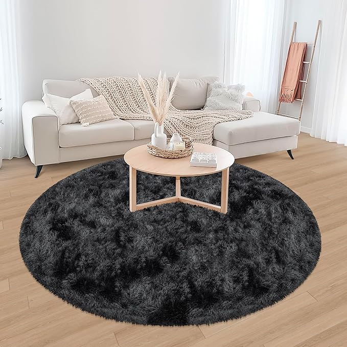 6x6 ft Tie Dye Black Round Rug for Bedroom Room Fluffy Circle Rug Furry Carpet Shaggy Circular Fuzzy Washable Non-Slip Large Area Rug Soft Indoor for Living Room Cute Aesthetic Home Decor
