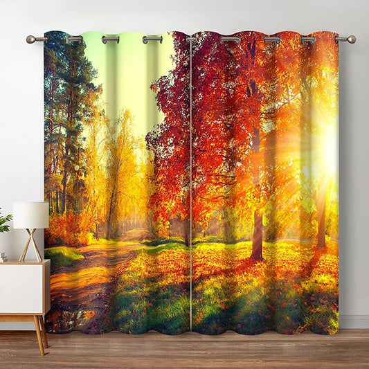 Jekeno Forest Blackout Curtains Jungle Autumn Tree Orange Leaves Sunlight Print Fall Nature Scenic Decor Home Bedroom Living Room Grommet Window Drapes 2 Panel Set, 42"x84"
