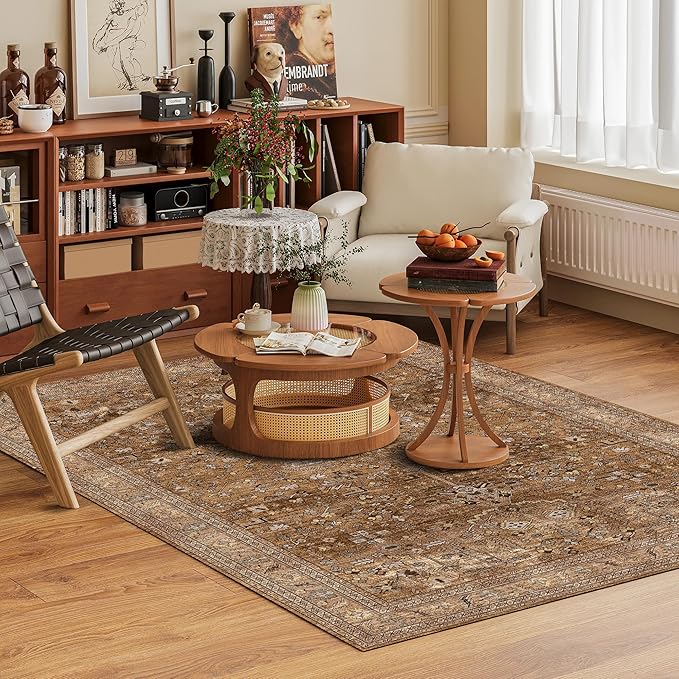 Washable Area Rug 9' x 12' Vintage Traditional Persian Mat - Foldable Distressed Non-Slip Machine Washable Carpet for Living Room Bedroom Kitchen Home Decor - Bronze and Ivory