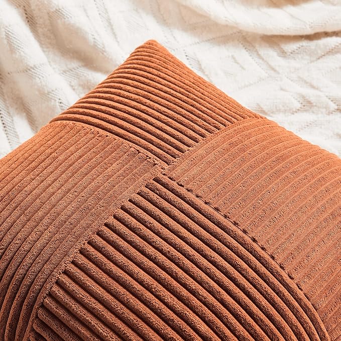 Fancy Homi 4 Packs Rust Lumbar Decorative Throw Pillow Covers 12x20 Inch for Couch Bed Sofa, Rustic Farmhouse Boho Home Decor, Soft Striped Corduroy Rectangle Accent Terracotta Cushion Case 30x50 cm