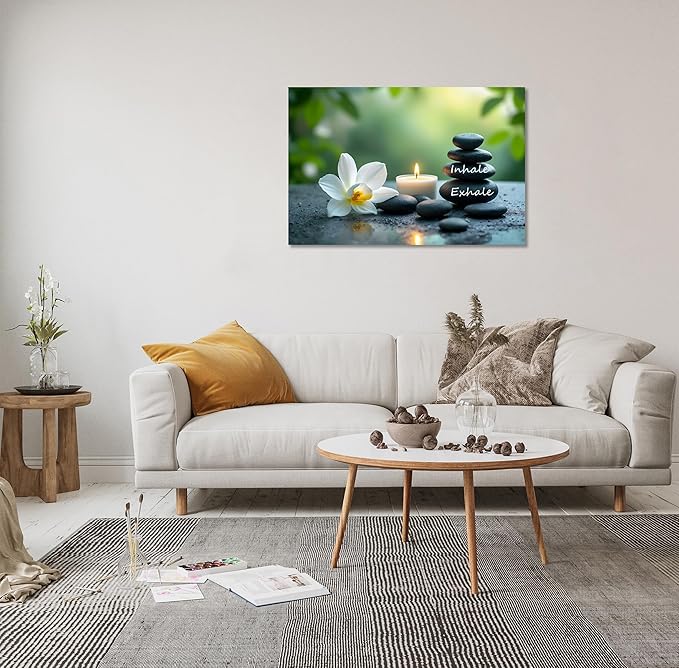 YIOZHAOFH Louts Wall Art Yoga Room Painting Zen Office Decor Women Spa Picture Calming Relax Canvas Prints Inhale Exhale Artwork Framed for Living Room Ready to Hang (28L x 44W)