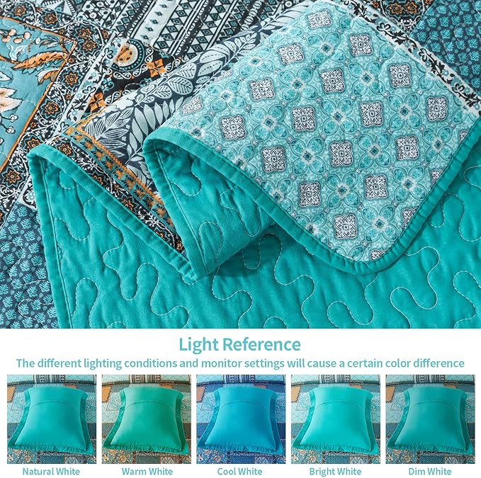 VAPUTAR King Size Quilt Bedding Set - Soft Cotton King Size Bedspreads (98 * 106 in) - Lightweight Patchwork Floral Quilts for Farmhouse Bedroom (Teal/Green Chic, 3 Pieces)