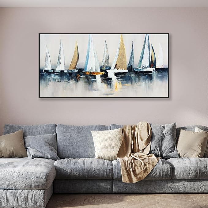Abstract Wall Art Blue and White Sailboat Wall Paintings Framed Artwork for Living Room Bedroom Bathroom Office Home Decor Can Be Hung Directly 29"x 58"