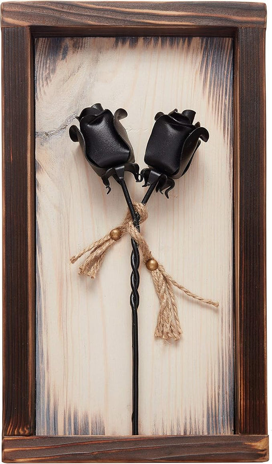 IK Style Set of 2 Forged Iron Roses Twisted Together Forever - Placed in Mountable Wooden Frame - Unique 3D