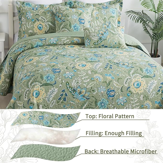 VAPUTAR King Quilt Bedding Set - Cotton Bedspreads King Size (98 x 106 inch) with Floral Pattern, Farmhouse Lightweight King Size Quilt Suitable for All Season（3 Pieces, Olive Green）