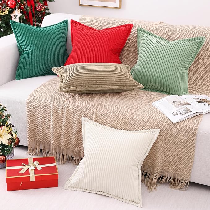 Mecatny Corduroy Throw Pillow Covers 12x20 Set of 2, Neutral Decorative Soft Boho Lumbar Couch Pillow Covers with Broadside for Sofa Living Room, Green