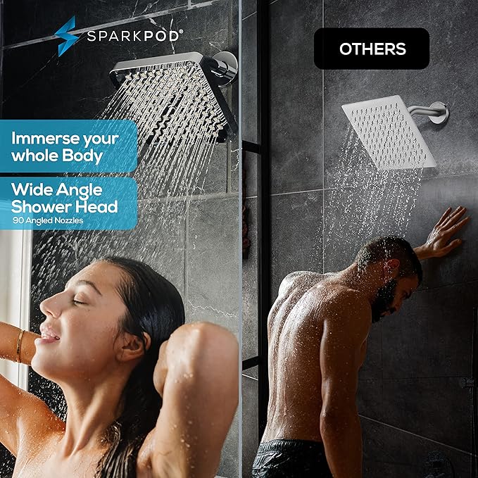 SparkPod Shower Head - High Pressure Rain - Premium Quality Luxury Design - 1-Min Install - Easy Clean Adjustable Replacement for Your Bathroom Shower Heads (Luxury Polished Chrome, 8 Inch Square)