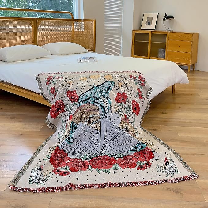 Boho Throw Blanket Reversible Cotton Bohemian Tapestry Hippie Room Decor Double Sided (The Flower 50"x60")