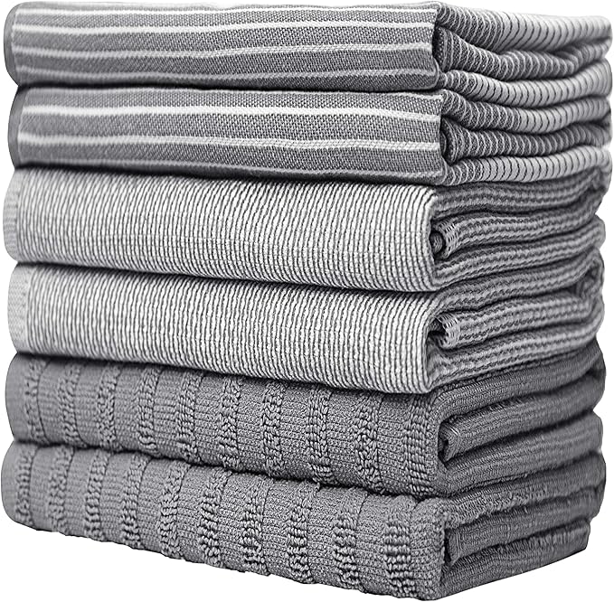 Premium Kitchen Towels (20”x 28”, 6 Pack) | Large Cotton Kitchen Hand Towel | Flat & Terry Dish Cloths | Highly Absorbent Tea Towels Set with Hanging Loop | Gray