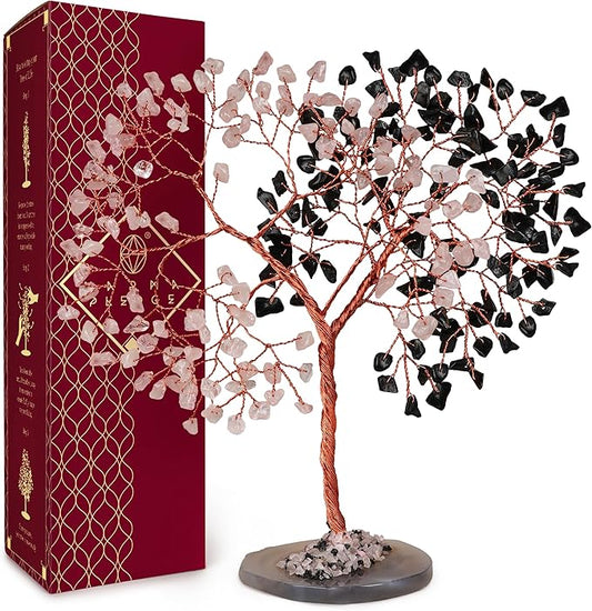 Crystal Tree for Home and Office Decoration, Black Obsidian & Rose Quartz Healing Stones Handmade Tree of Life for Positive Energy, Money, Good Luck, Christmas Decor, Birthday Gifts for Women, Mom