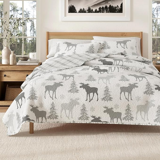 Lodge Bedspread Full/Queen Size Quilt with 2 Shams. Cabin 3-Piece Reversible All Season Quilt Set. Rustic Quilt Coverlet Bed Set. Wilderness Collection (Moose - Grey)