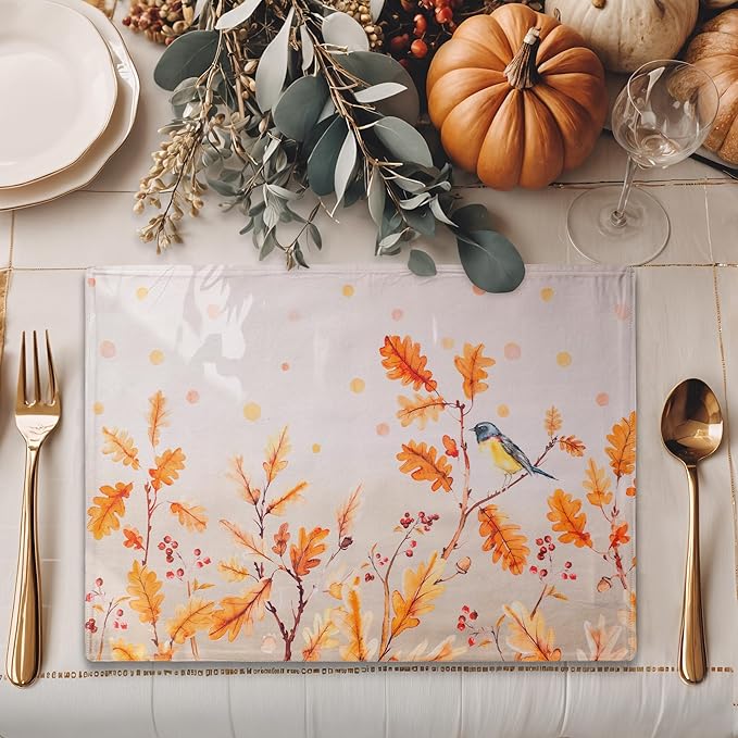 Maison d' Hermine Placemats Set of 4 100% Cotton Washable Cloth Place Mats, Reusable Table Mats for Kitchen Dining Decoration, Party, Wedding, Restaurant (Oak Leaves, 13" x 19")