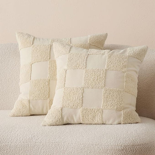 Double Stitch Checkered Throw Pillow Covers - 100% Cotton Set of 2 Tufted Boho Decorative Pillow Covers 20x20, Made in India, Square Cushion Case, Modern Home Decor for Couch, Sofa, Living Room, Beige