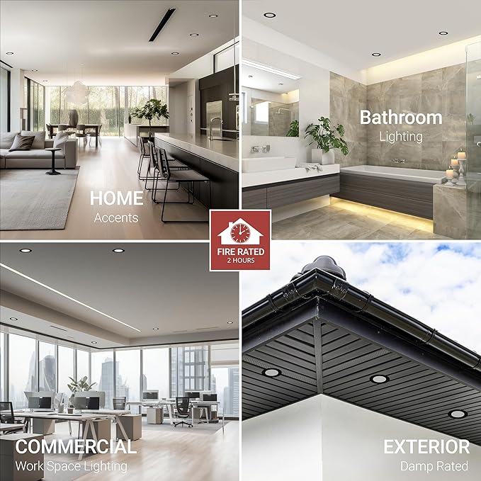 NUWATT 12 Pack, 6 Inch 2 HOUR FIRE RATED LED Recessed Lighting, Selectable 2700K/3000K/3500K/4000K/5000K, 1200 Lumen, Dimmable Wafer Lights, IC Rated, Canless Black LED Ceiling Light, No Tenmat Needed