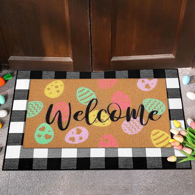 2 Pcs Door Mat Welcome Non Slip Coir Mats Floor Layering Doormats Seasonal for Front Porch Entryway Decor(Easter Eggs)