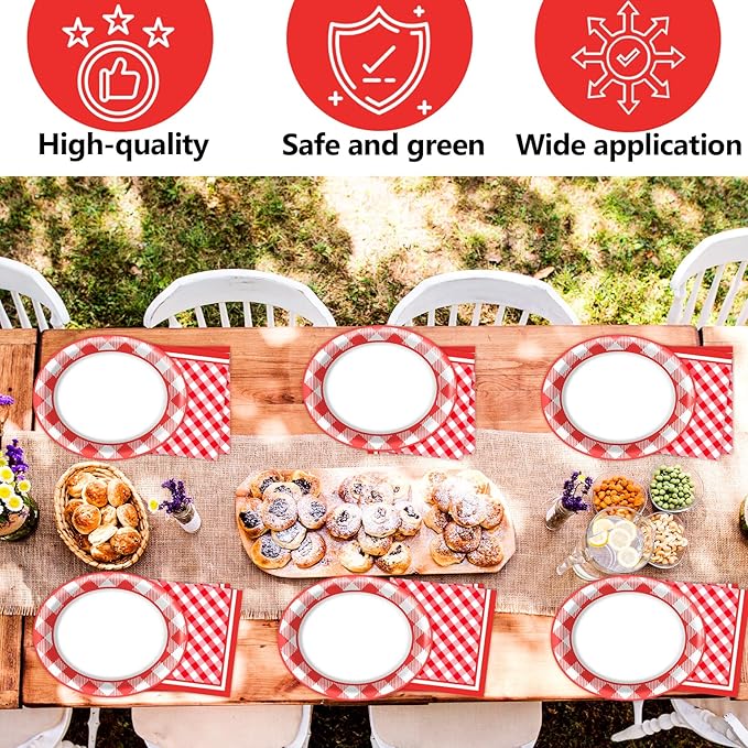 Gingham Oval Paper Plates 11inch Red and White Checkered Plates and Napkins, Dish Tray for BBQ Gathering Picnic Carnival Theme Party Supplies Holiday Baby Shower Birthday Tableware, 25 Guest