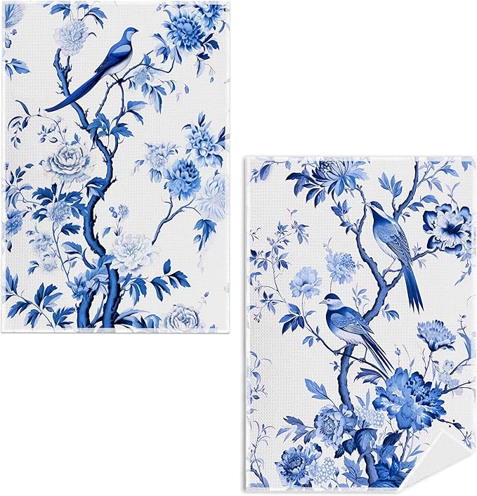 Chinoiserie Wildflower Bird Kitchen Towels Set of 2 - Retro Chinoiserie Tea Waffle Weave Towels for Kitchen Decorative, Chinoiserie Farmhouse Dish Towels Waffle Weave 16 X 24 Inch