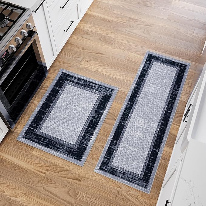 Ottomanson 2-Piece Kitchen Rug Set - Non Slip, Runner & Small Area Rug - Border - 20" x 59" & 2'3" x 3' - Durable, Stain Resistant for Entryway, Bedroom and Bathroom, Gray/Navy