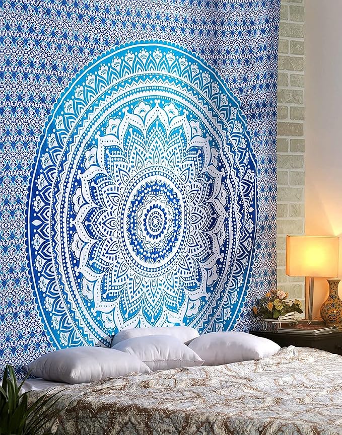 RAJRANG Mandala Tapestry for Bedroom and Living Room Decor Boho Bohemian Wall Hanging Cotton Tapestries (Blue, Ombre, 84x54 Inch, Twin size)