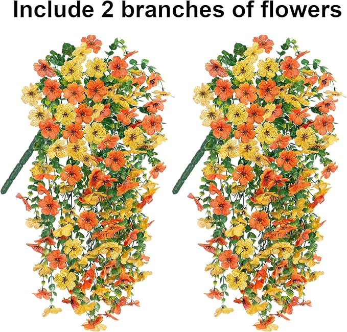 Artificial Flowers for Outdoors Decoration, 2Pcs Fake Hanging Spring Decor, Yellow and Orange Realistic Plants, UV & Fading Resistant Silk Flower for Porch Patio Balcony Planter Yard