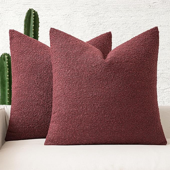 MIULEE 18x18 Inch Decorative Pillow Covers for Couch Bed Set of 2 Textured Boucle Neutral Throw Pillows Burgundy Accent Solid Cushion Pillowcase Cozy Soft Sofa Livingroom Home Decor