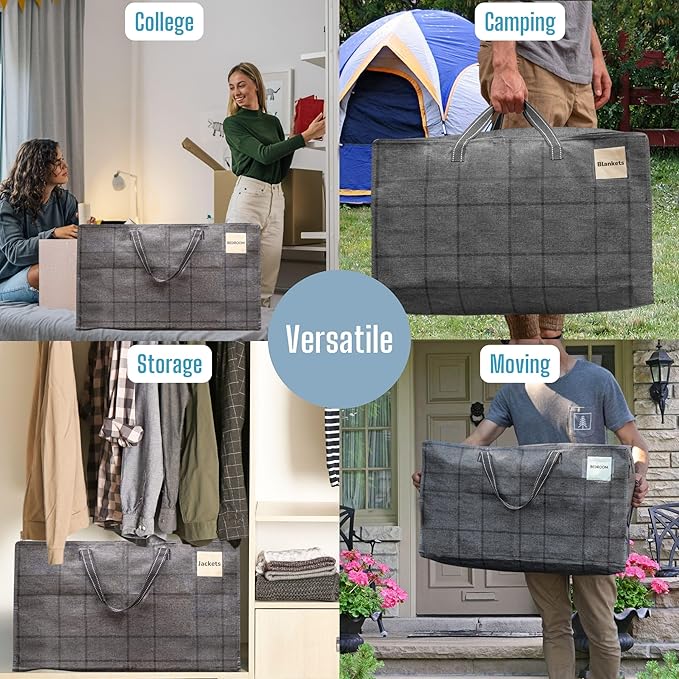 VENO 8 Pack Moving and Storage Bags, Heavy Duty, Alternative to Moving Boxes, Large Packing Totes Supplies for College Dorm Room with Zipper for Clothes, Wide Open Design (Windowpane, 8 Pack)