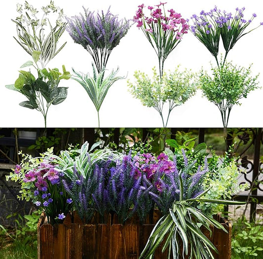 PARTY JOY 19 Bunches Fake Plants Outdoor, Fake Bushes UV Resistant Artificial Lavender Flowers Greenery Shrubs Faux Greenery for Outdoor Garden Patio Front Porch Yard Decor